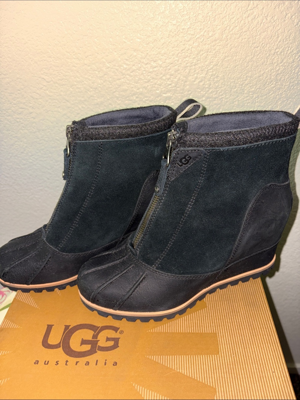 UGG Black Suede and Leather Wedge Booties with Front Zip